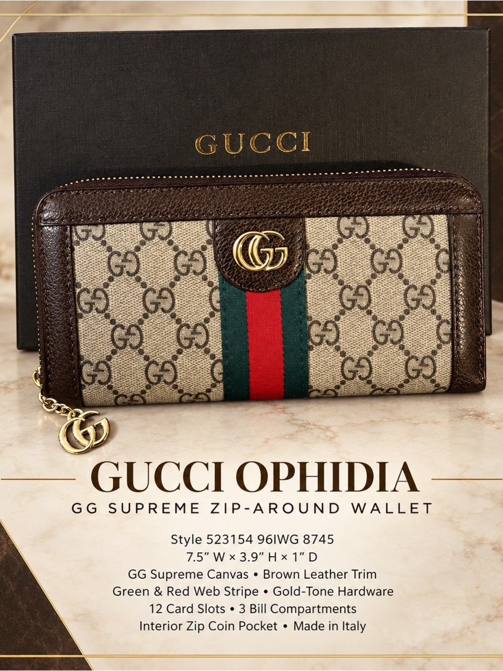 Gucci Brown GG Supreme Zip-Around Wallet with Green & Red Stripe